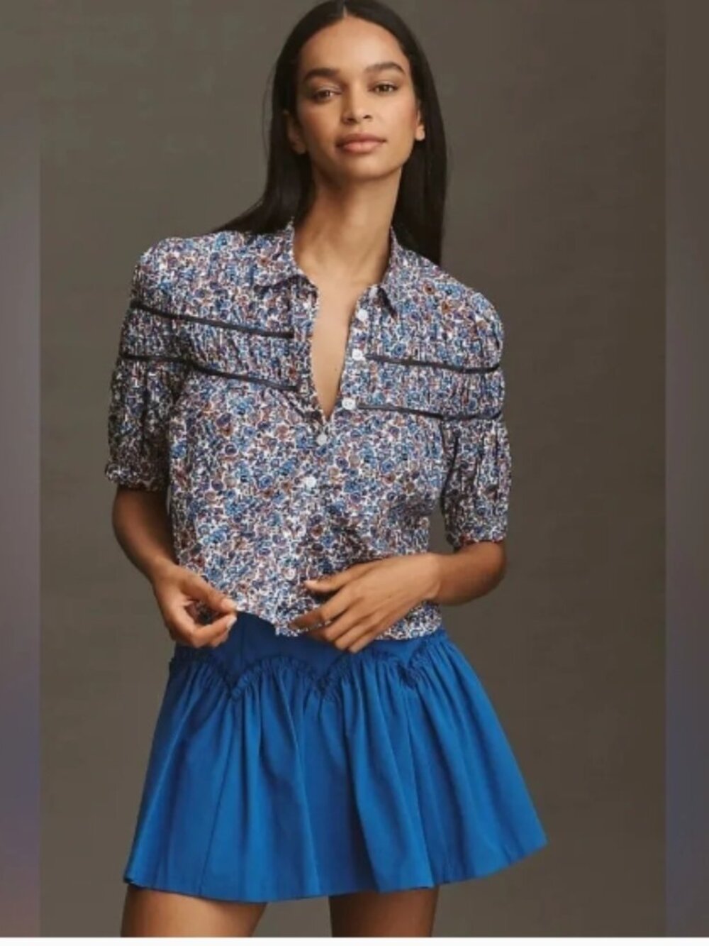 NWT Maeve Anthropologie The Leandra Shirred Yoke Blouse Floral Navy